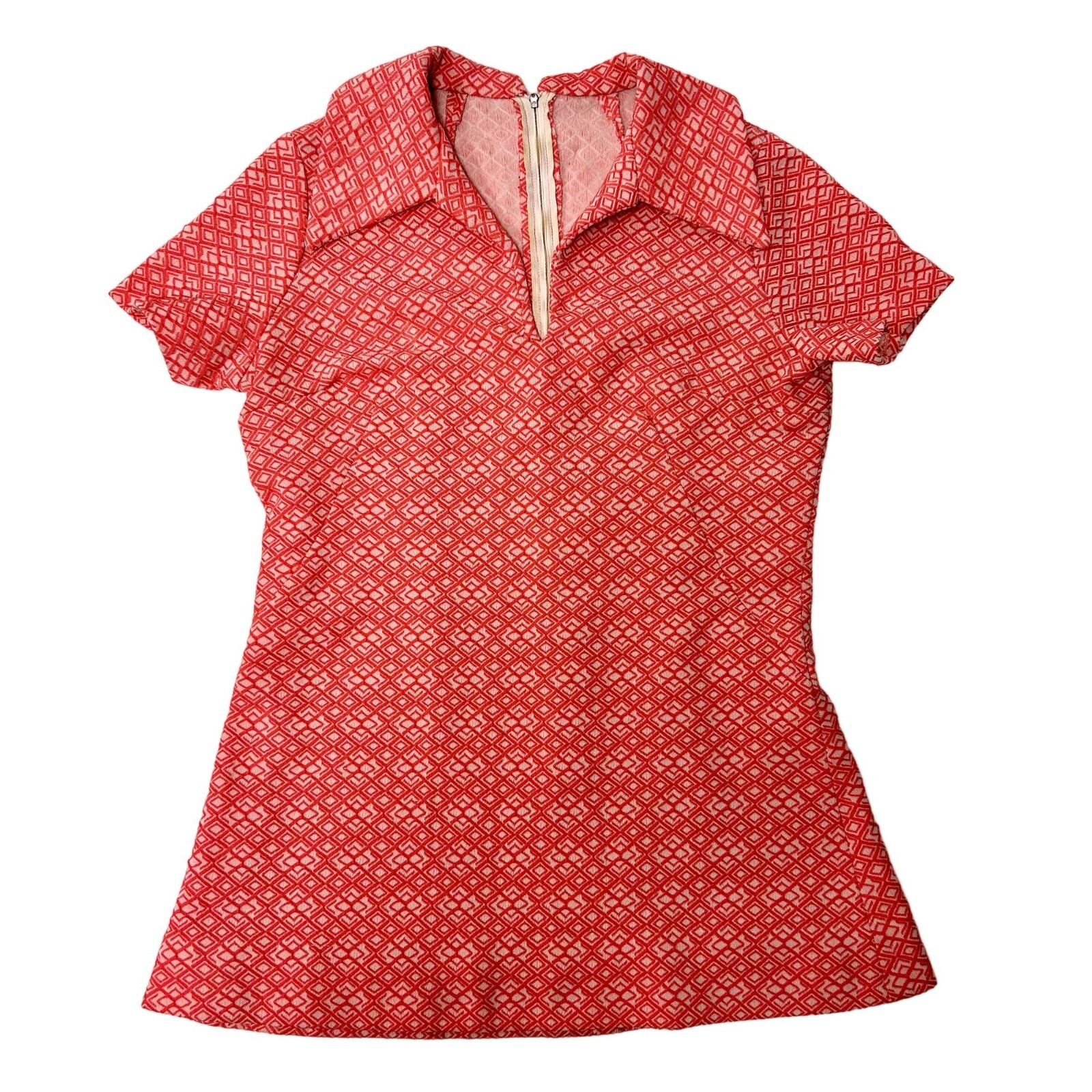Vtg 60 70’s KNIT MoD PINK White GEOMETRIC Go Go Hippie MINI Dress Disco Shirt M