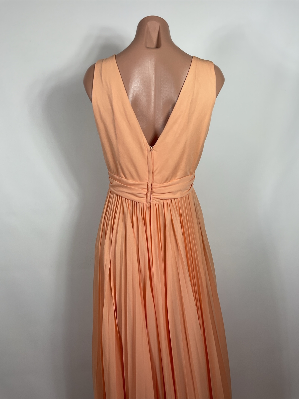 VINTAGE 1970s Peach Chiffon Dress Pleated Fit Flare Maxi Party Evening Gown M/L