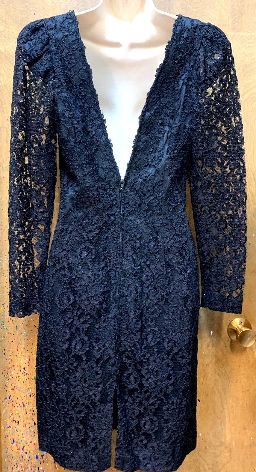 Vintage EXPO NITE Long Sleeve Black Lace Dress Lined Low Back LBD Women’s Size 8