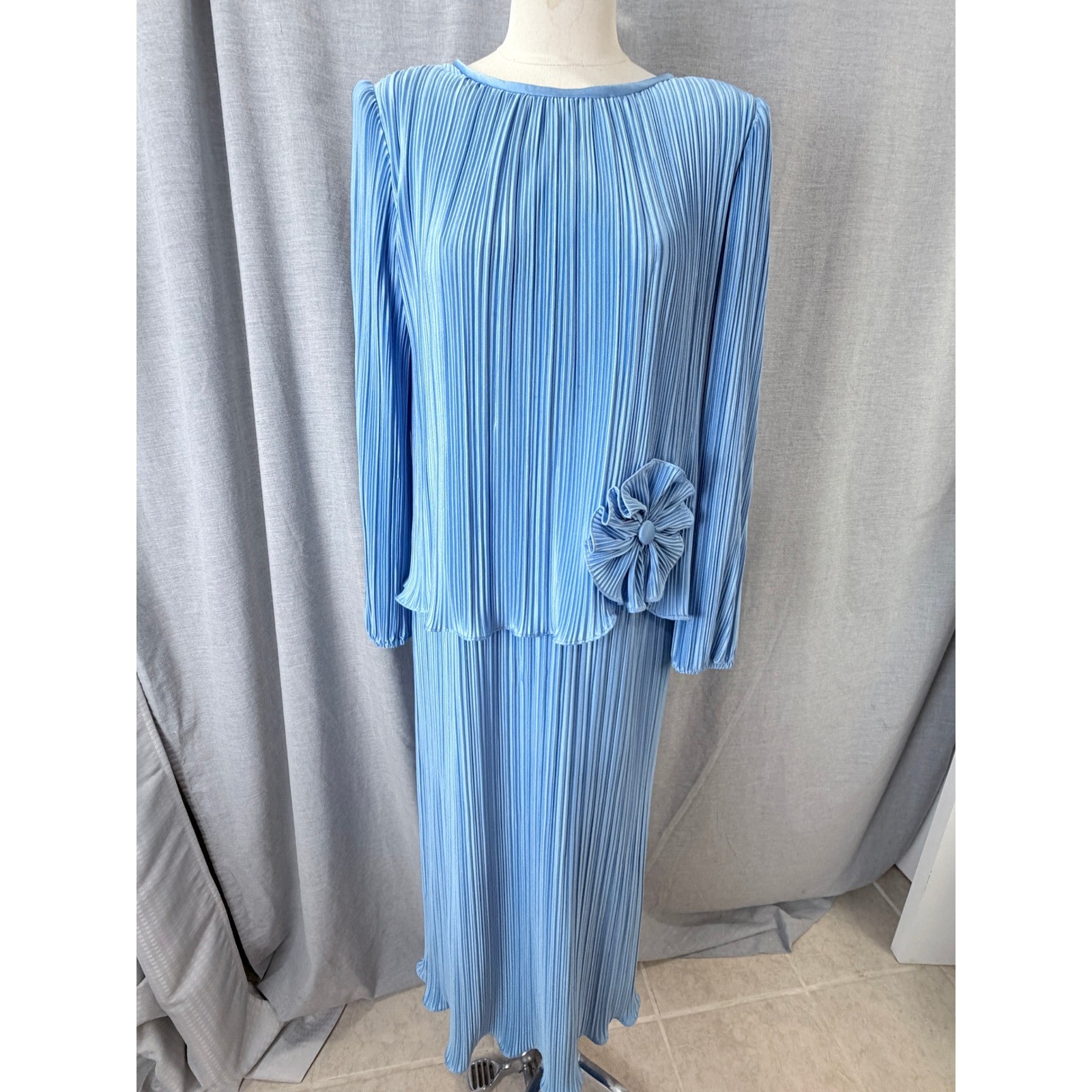 Vintage Mister Jay Blue Accordion Pleat Rosette Mock 2pc Maxi Column Dress M