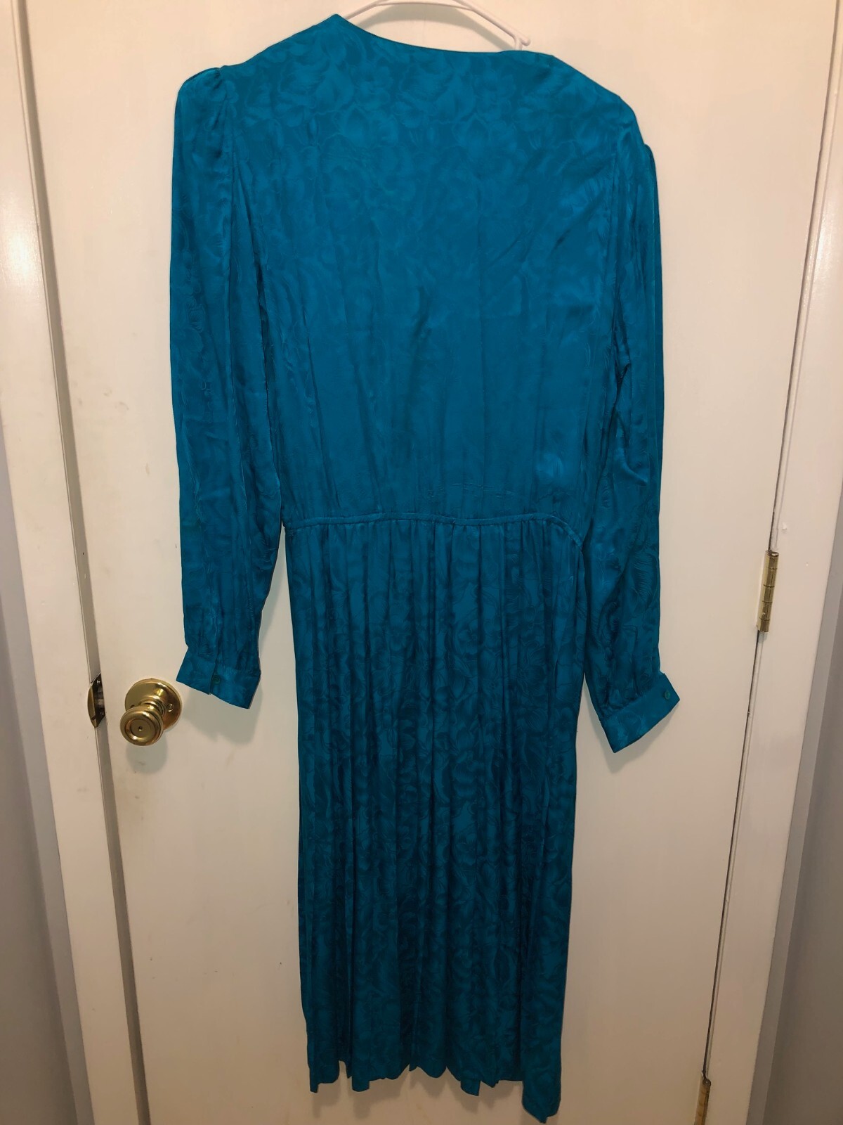 Vintage Argenti SZ 10 Pure Silk Dress Long Sleeve Pleated Teal 80s 90s Hong Kong