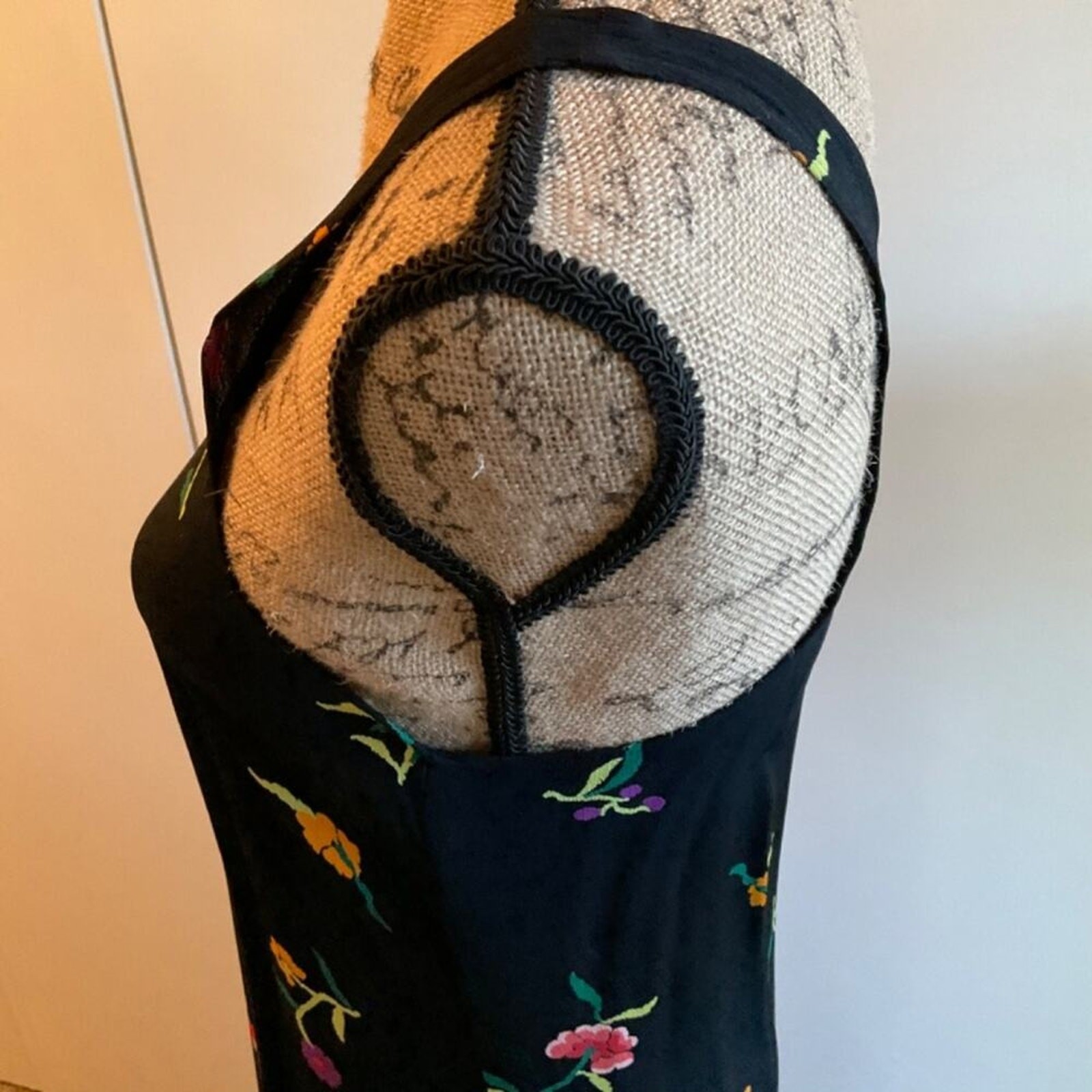 Vintage 80’s Norma Kamali Designer black floral racer back tank maxi midi dress