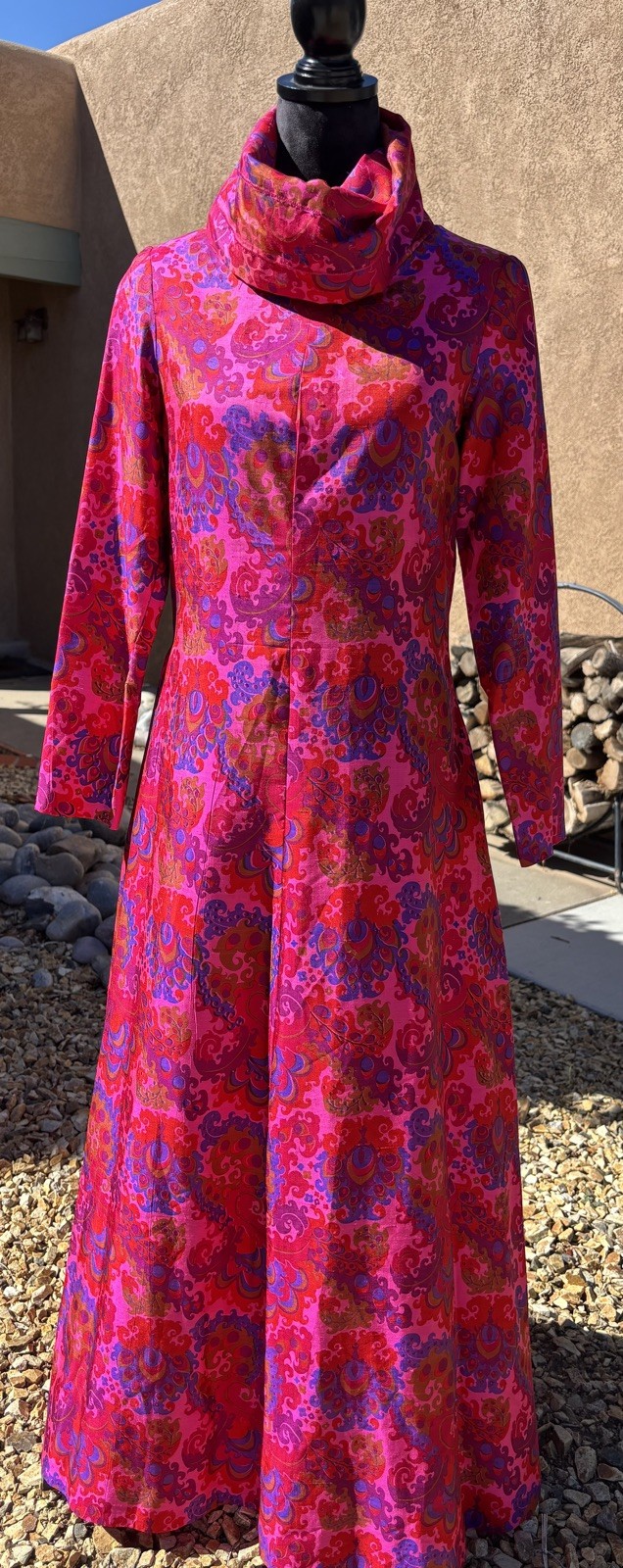 Vintage Thai Silk Bright Pink Psychedelic Cowl Neck Maxi Dress