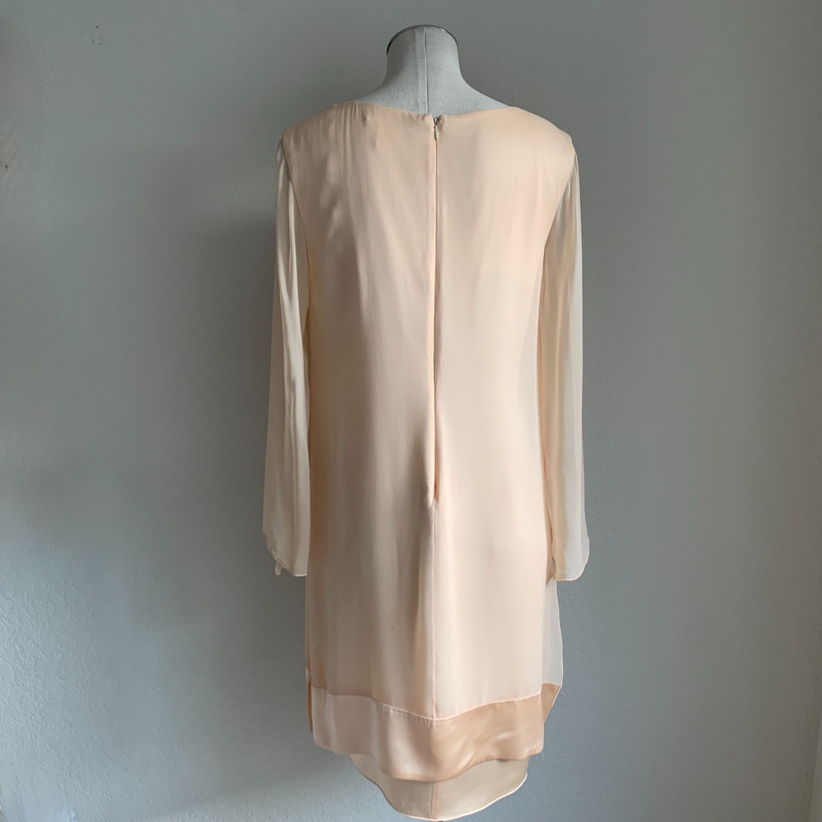 Vintage 90s Holly Harp Silk Dress Sz S Peach Satin w Chiffon Overlay Flower Trim