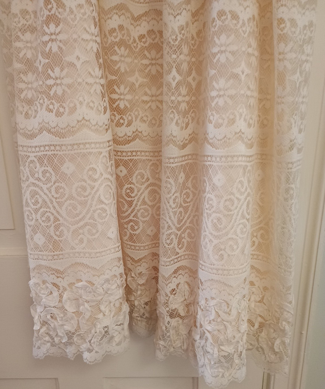 Vtg FAB 60s Themes Cream Lace Ribbon Dress & Jacket 2 pc set Party Wedding XS