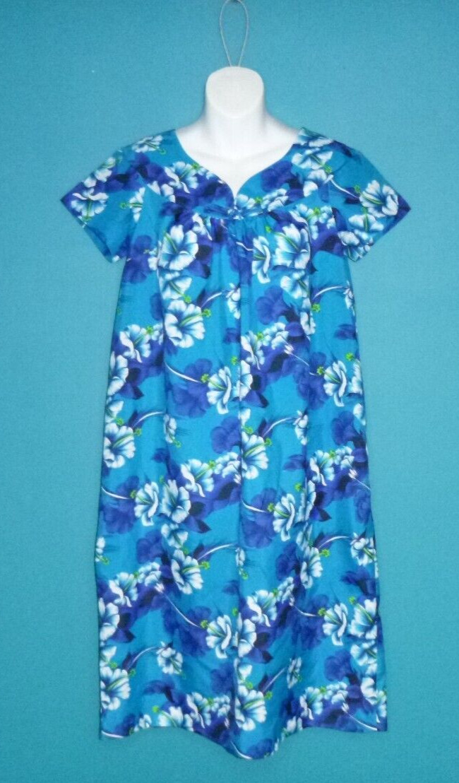Vtg 60s 70s Ti’a Hawaiian House Dress MuuMuu Blue Aqua Floral Sz S/M