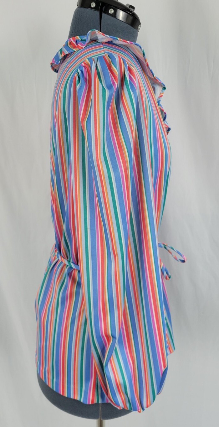 Vintage Beeline Polyester Striped Top with Ruffled Collar and Tie Waist Size XL?