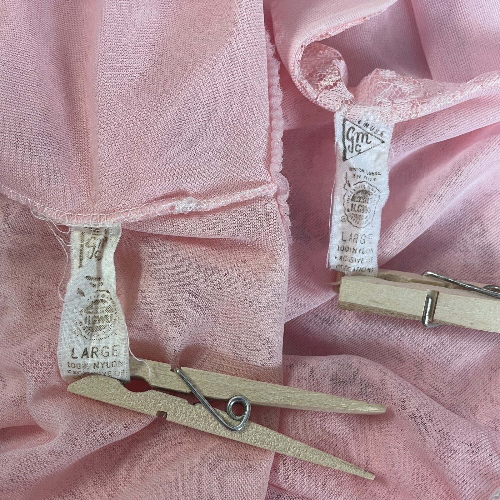 Vintage 70s Peignoir Set Large Pink Sheer Chiffon Lace Lingerie Babydoll 2 Piece