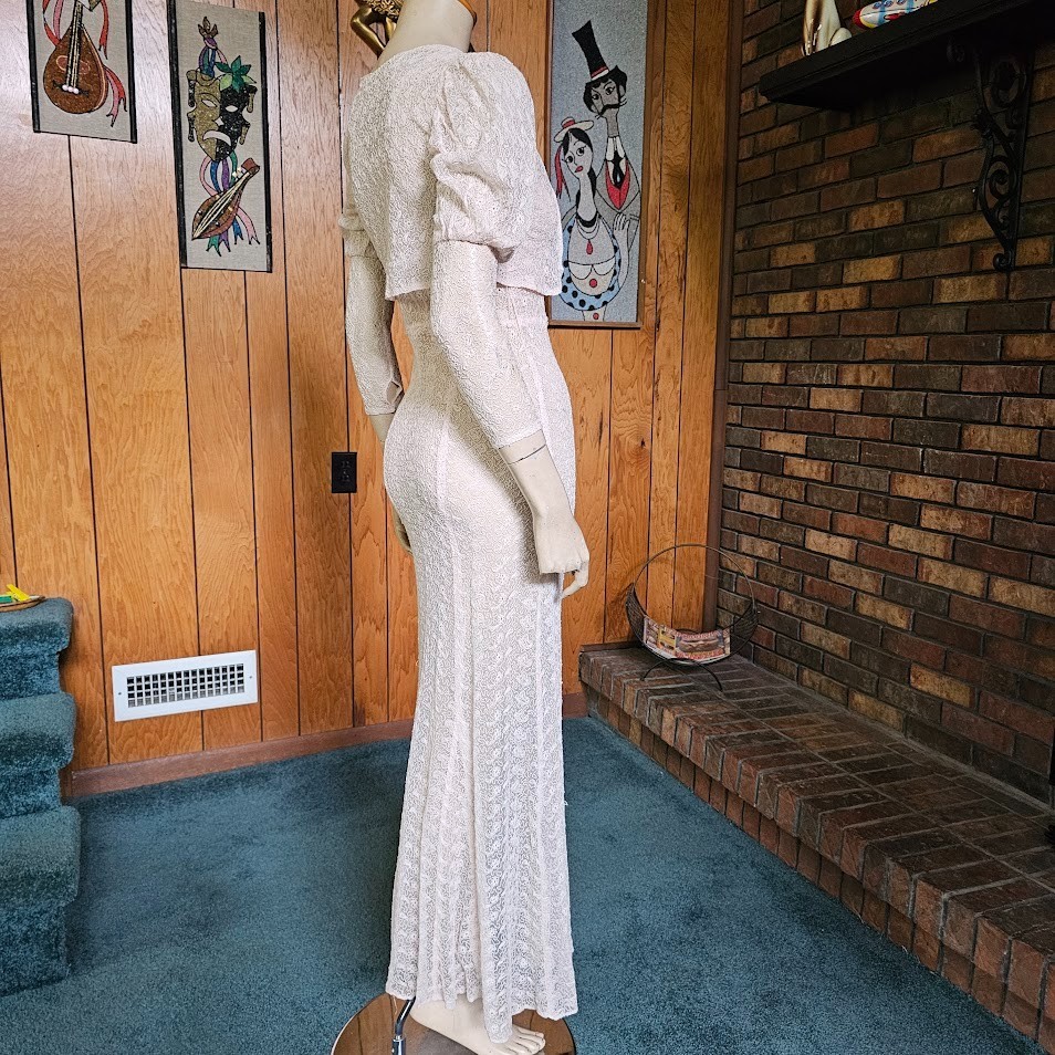 Vtg 30s NRA Pink Spiderweb Lace Bias Cut Dress Gown + Juliet Sleeve Bolero XS/S