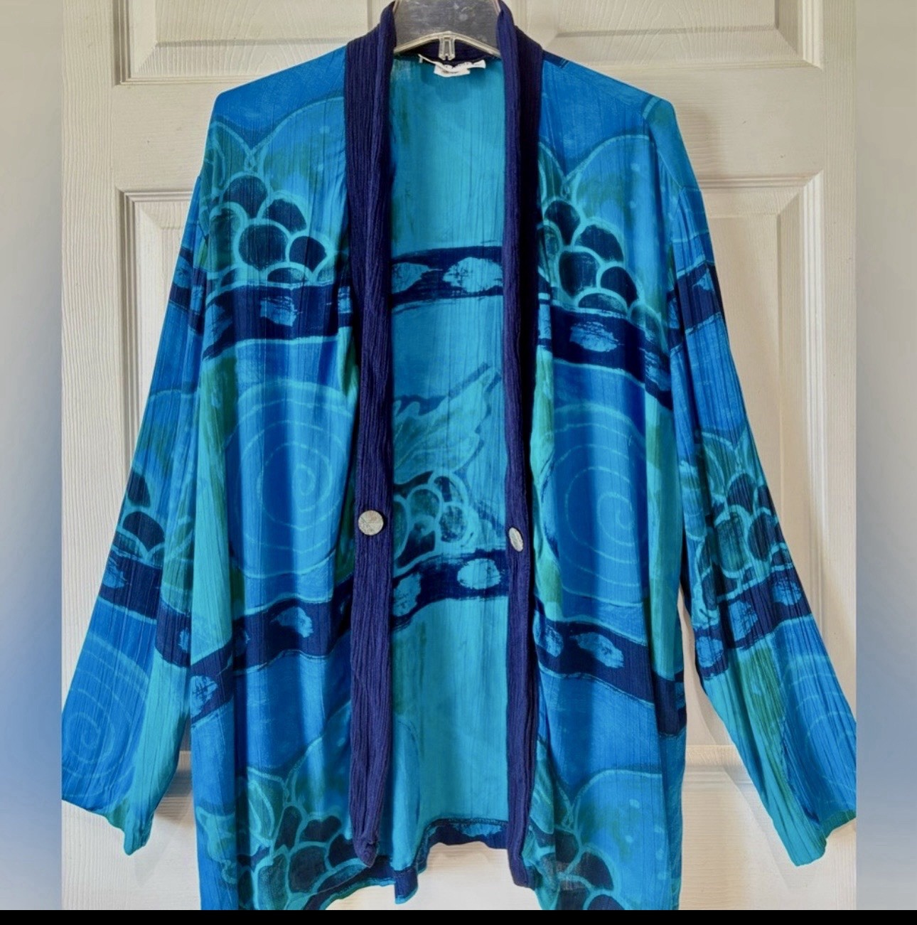 Sharon Anthony Colorful Blue Art To Wear Open Front Rayon Gauze Blazer 16-18W