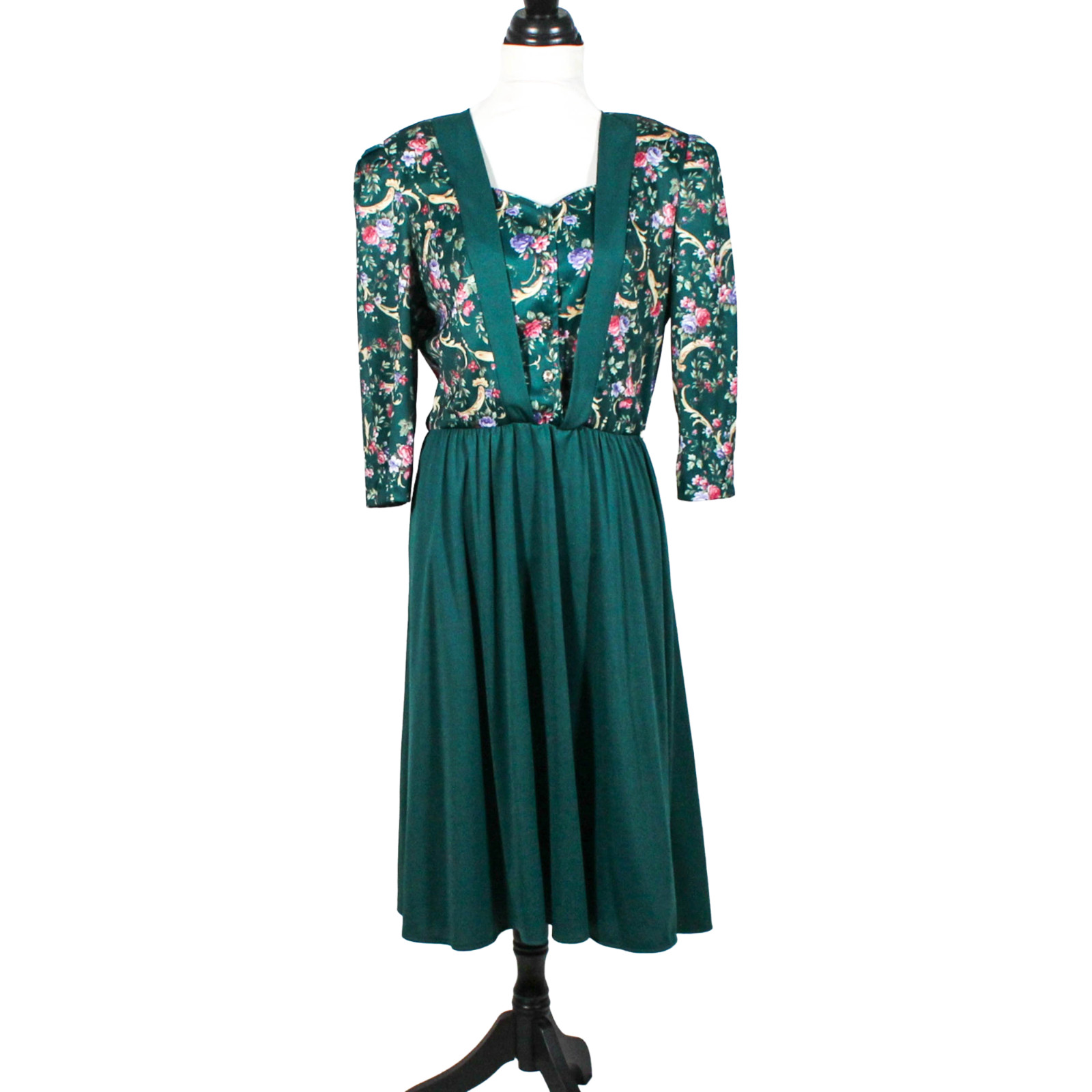 Vintage 70s 80s Hunter Green Floral Dress Cottagecore High Tea Size L–XXL