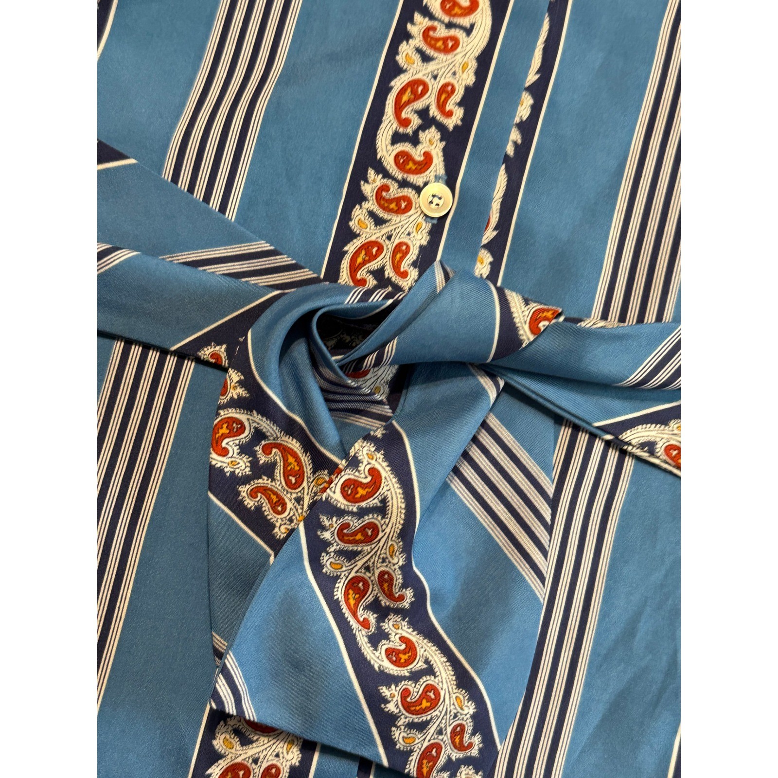 Terry Chicago Blouse Womens Medium Blue Adult Paisley Stripe Belted Excellent