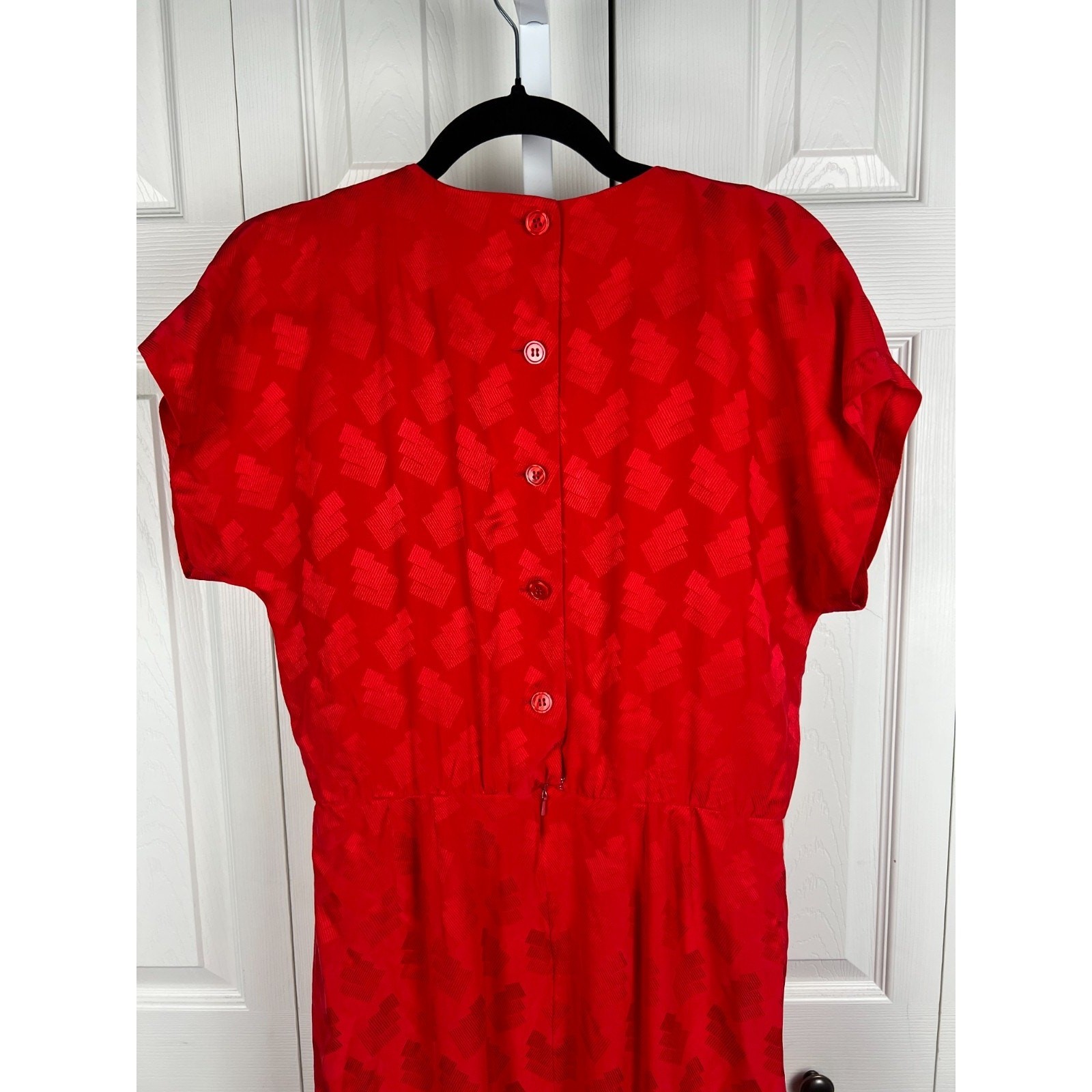 Vintage 80s Red Silk Blouson Dress Size 6 Textured Midi Faux Wrap