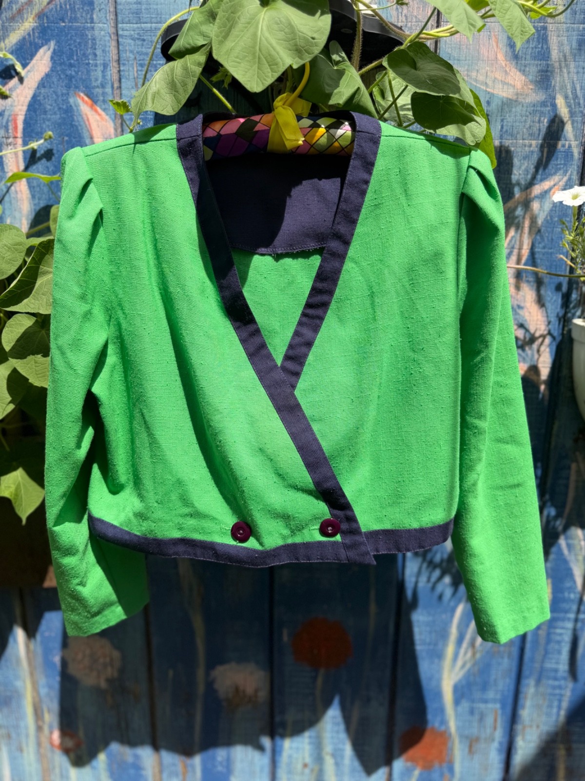 Vtg 80s Cropped Colorblock Blazer Jacket Green Navy Blue Puff Shoulder Wrap S/M
