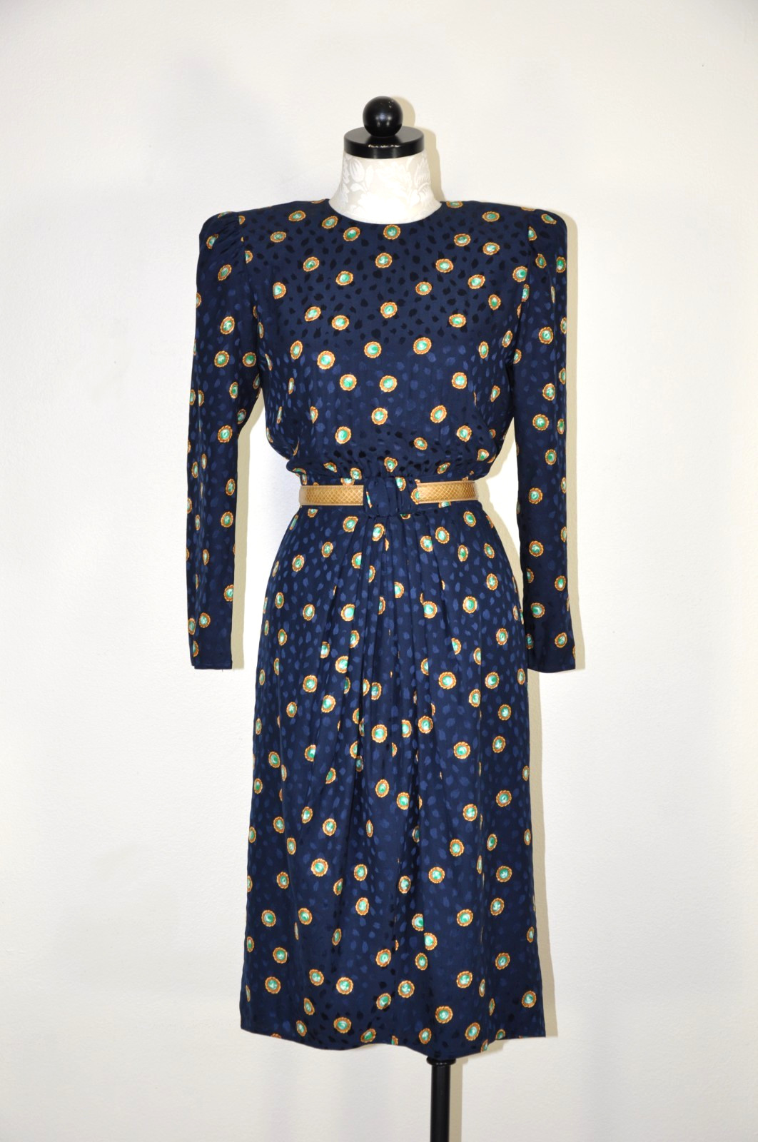 80s Vintage Navy Blue Silk Gemstone Print Puff Sleeve Back Buttons Dress Women S