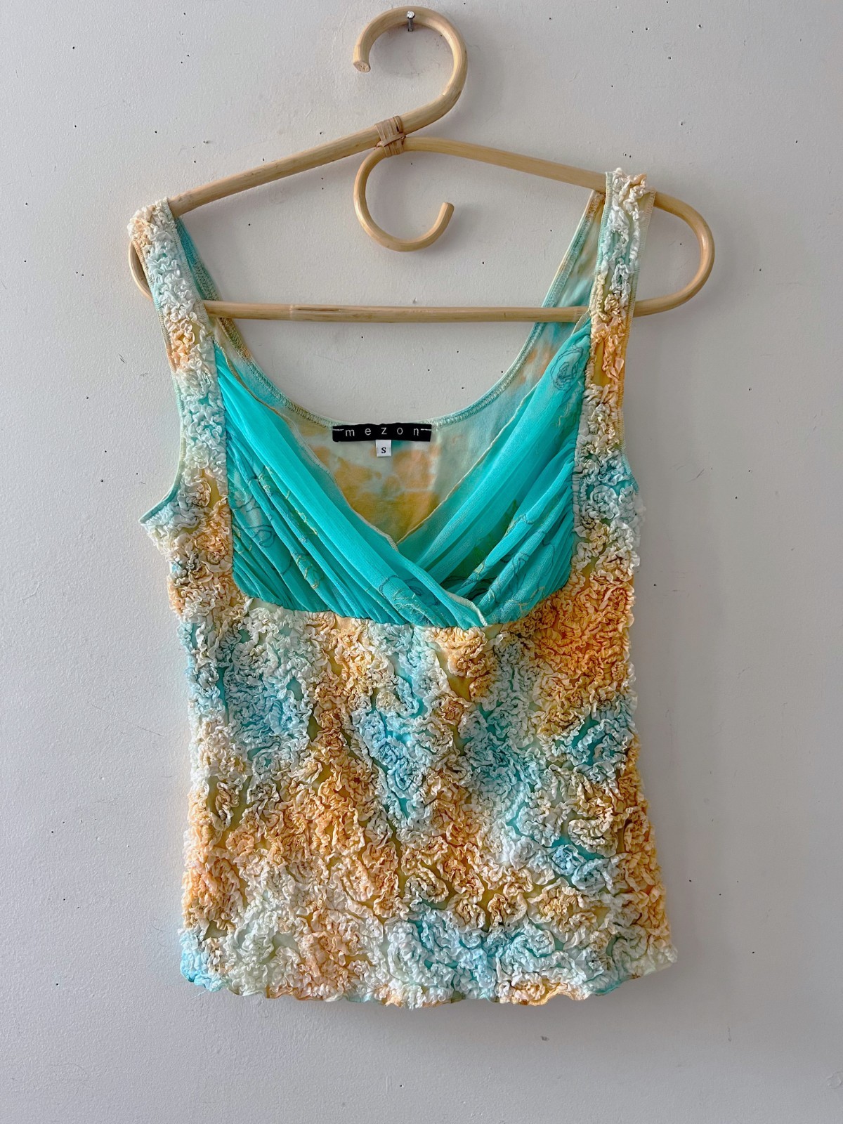 Vintage 90s Hand-Dyed Ruffle Mesh Top Sea Coral Coastal Grandmother Style S/M