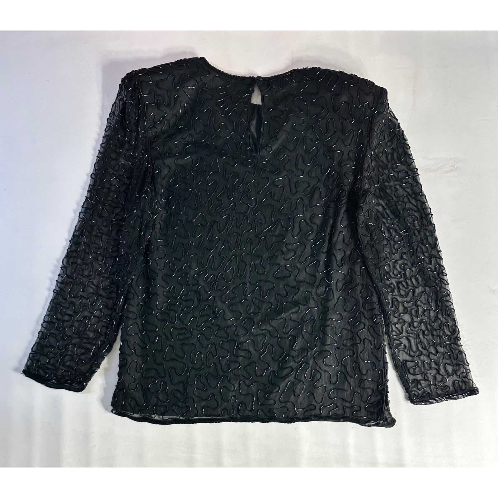 Sweelo Vintage Black Beaded Silk Top Sheer Long Sleeve Evening Blouse Small 6-8
