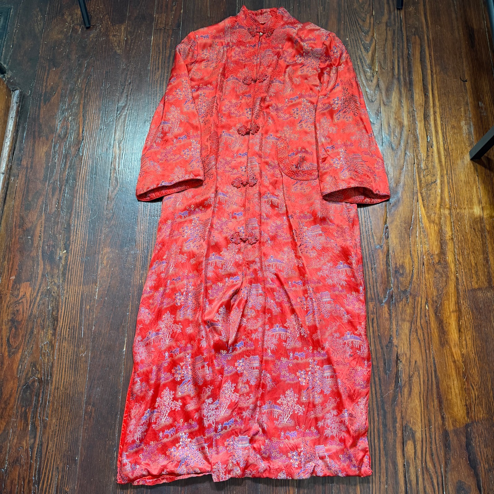 VTG Peony Brand Dress Womens Red Floral 40s Rayon Asian Gown Robe Shanghai China