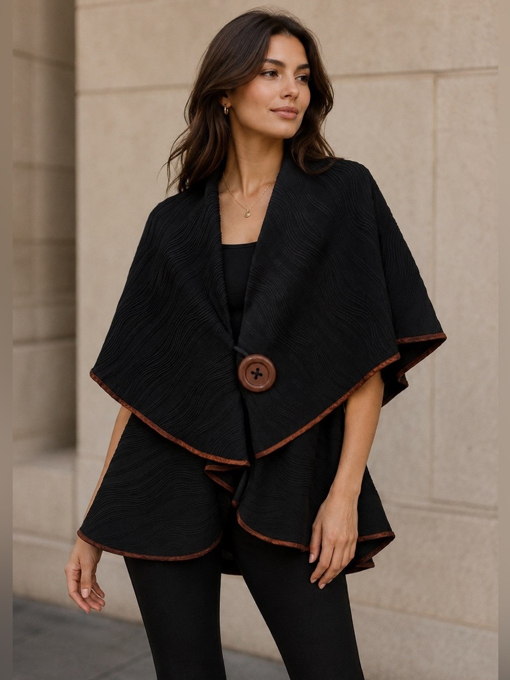Vintage Song & Sung Black Textured Cape Jacket Button Closure Made USA Small