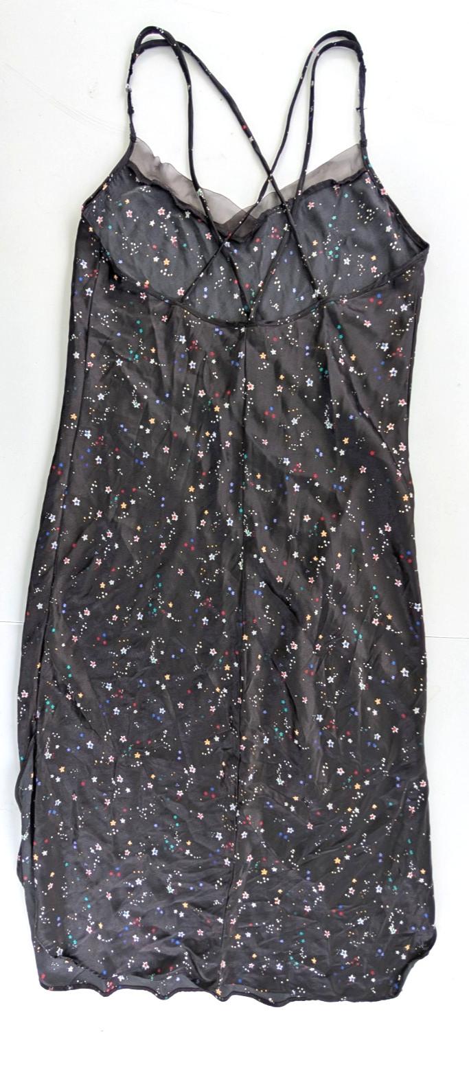 Vtg 90s Inner Most Black Satin Star Print Slip Dress Chemise Midi XL Y2K Beaded