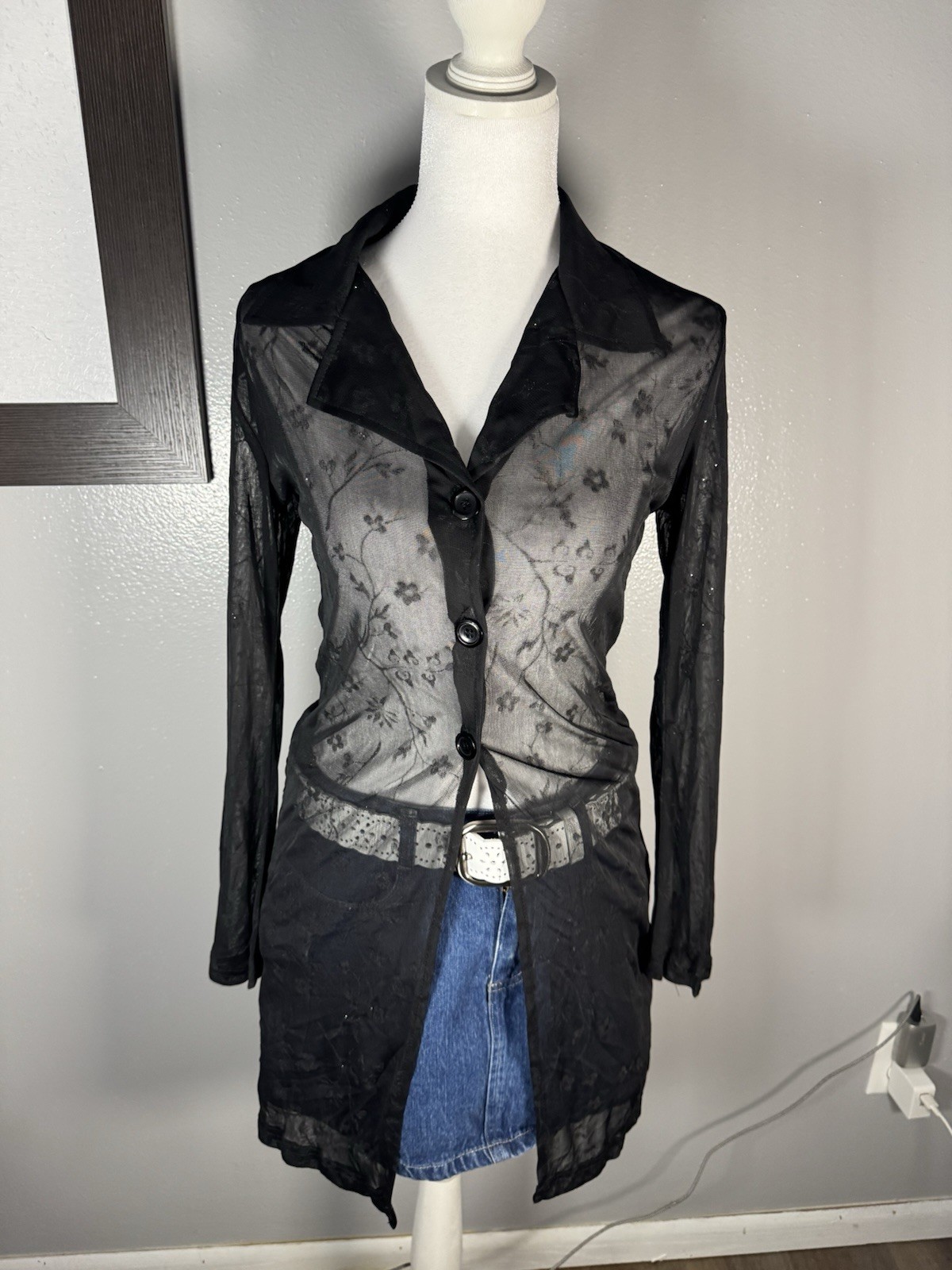 Vintage 90s Breakin Loose Sheer Black Glitter Mesh Duster Midi Shirt Dress Small