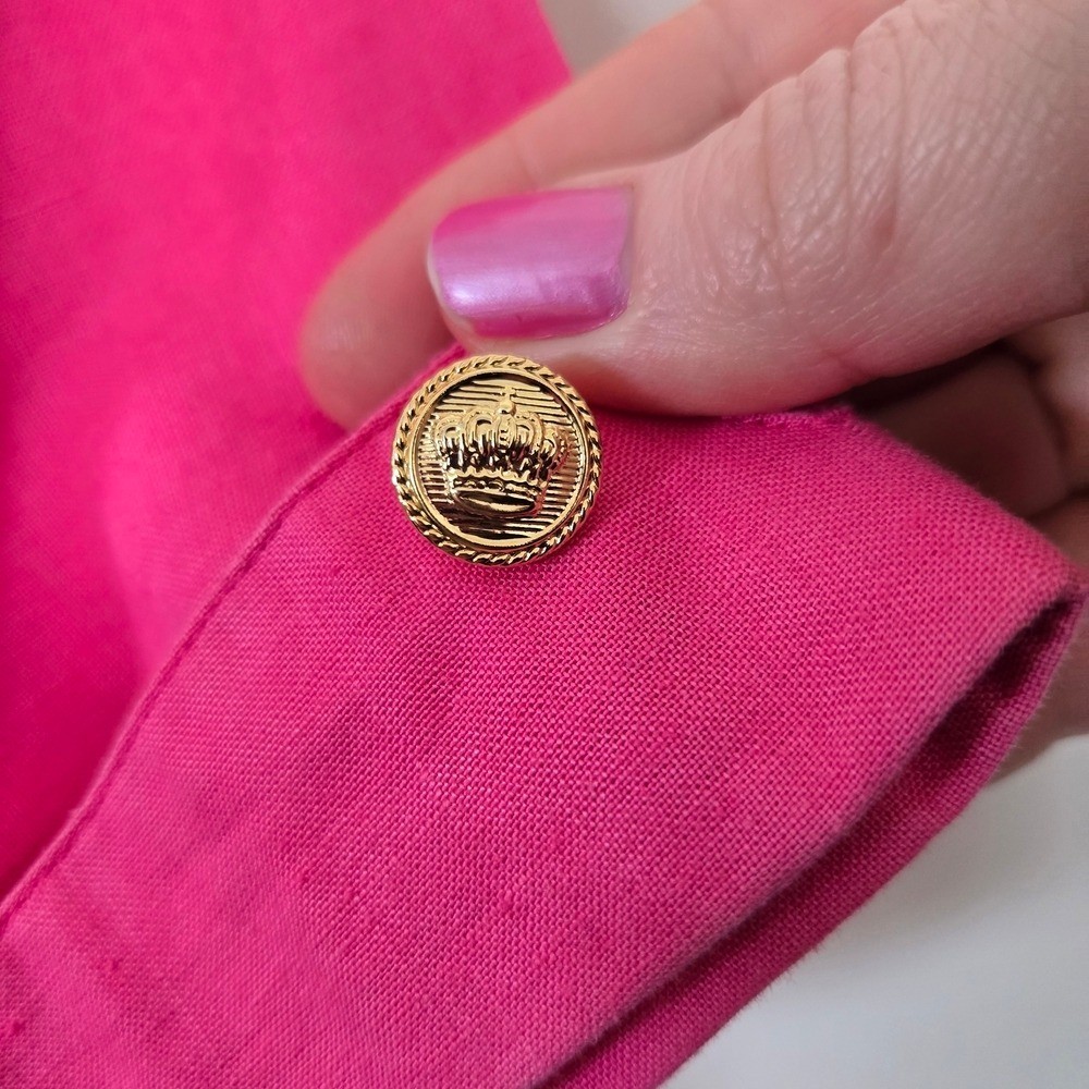 Bright Pink Gold Crown Button Blouse 80s Vintage Ramie Cotton Blend. Cuff Sleeve