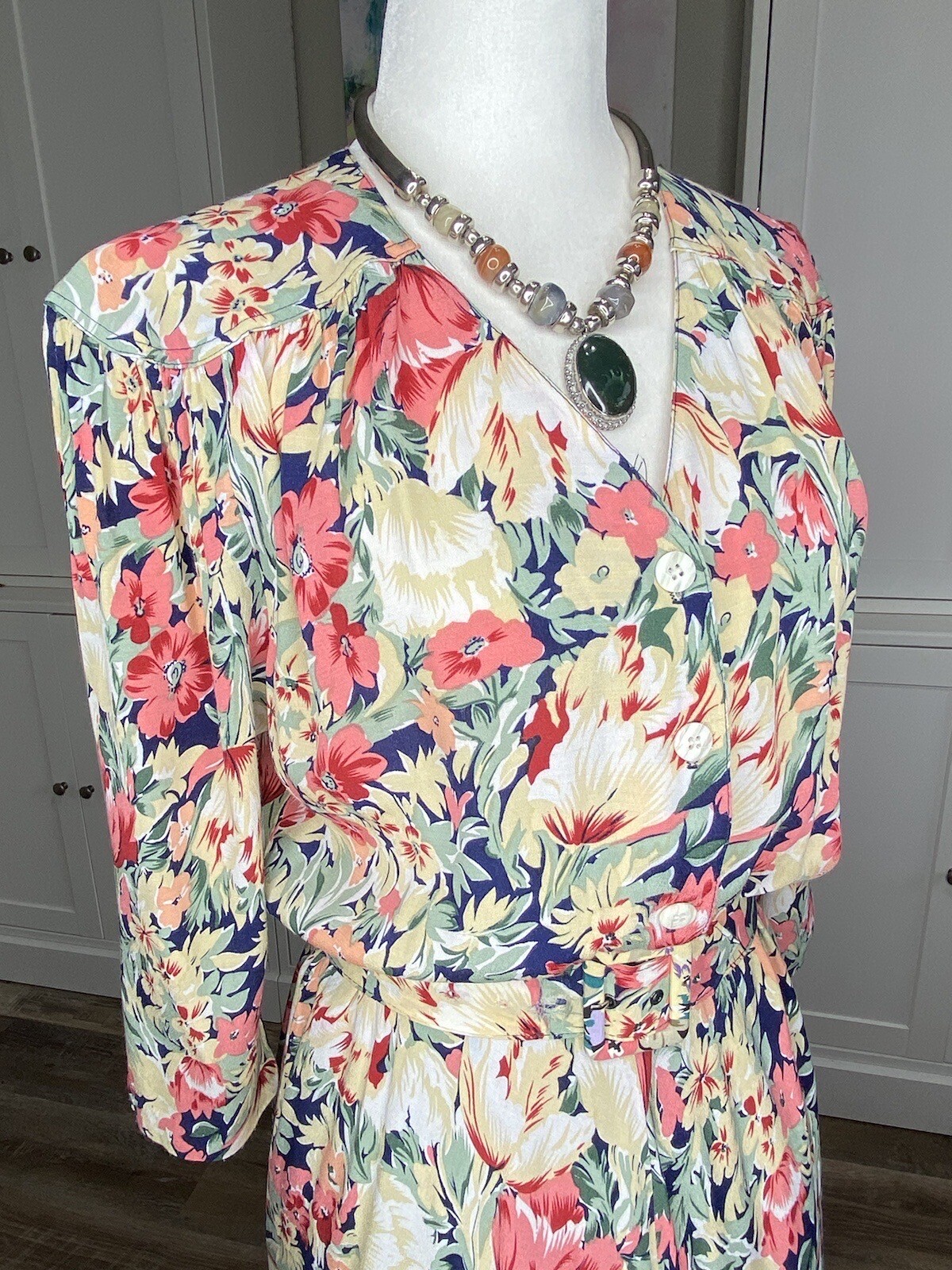 1980s Carol Anderson A-Line Shirt Dress Belted Floral Spring Casual Rayon 5/6