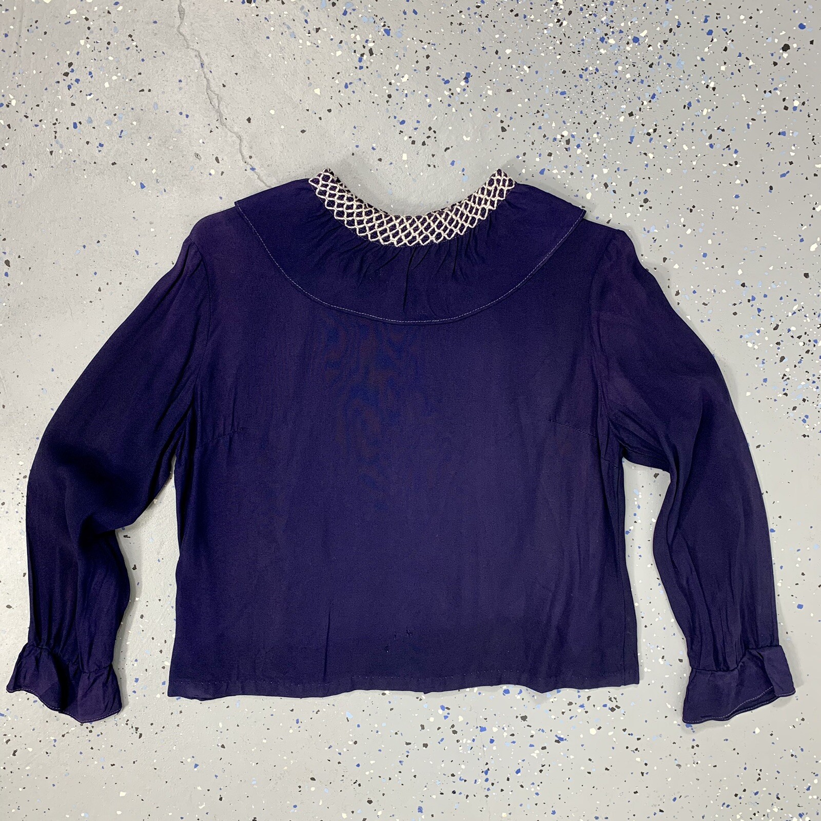 Vintage 40s Blue Crepe Back Button Blouse Smocked Collar AS IS Pattern Study S/M