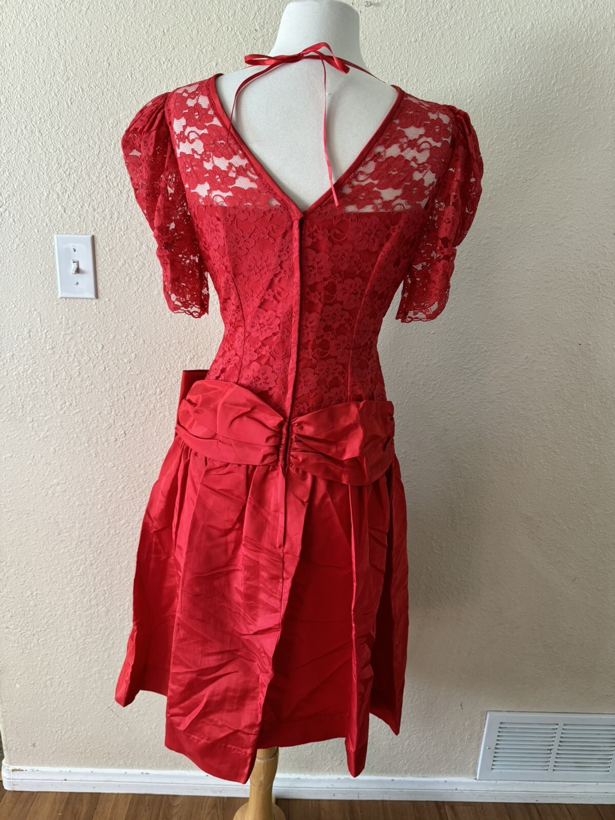 Vintage 80’s Red Lace Prom Dress Lydia Beetlejuice Size M Bow Rhinestone