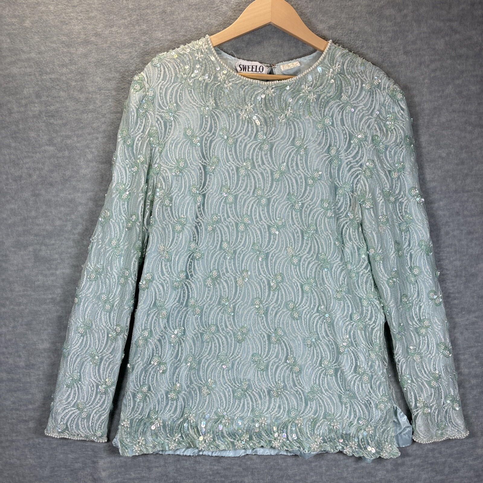 Vintage Top L Green Sequin Beaded Fairycore Artsy Lace Sheer Lined Party Blouse