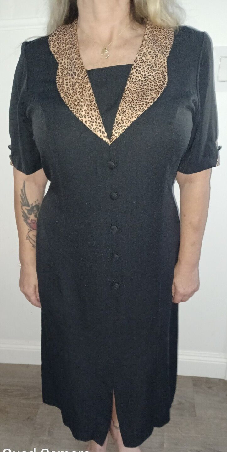 Vintage 80s Black Swing Shift Dress Contrast Leopard Oversized Collar L XL