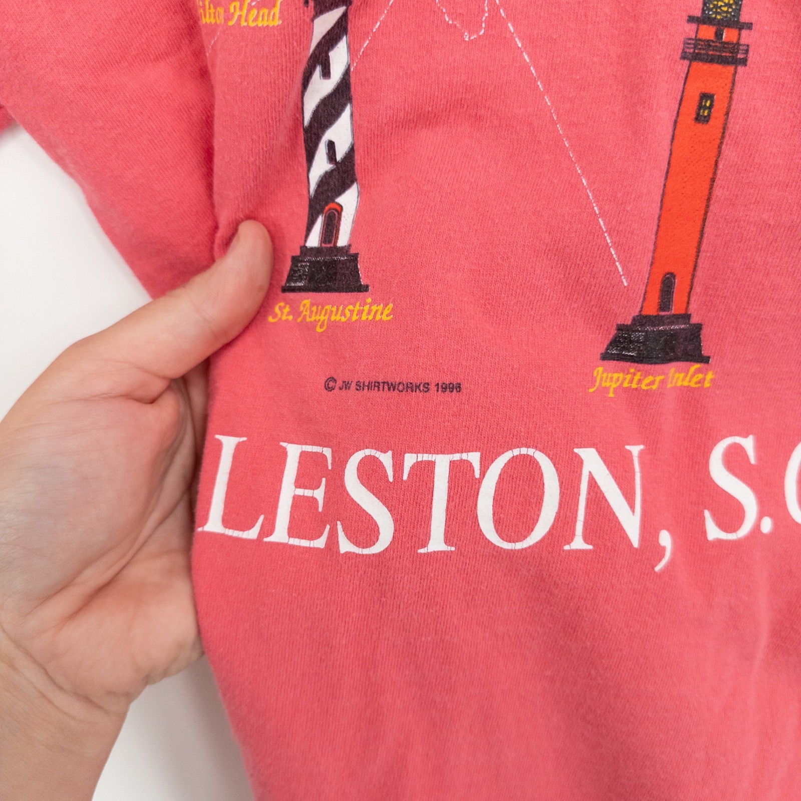 Vintage Charleston SC Lighthouse T-Shirt Womens M 90s Coral Pink Coastal Granny