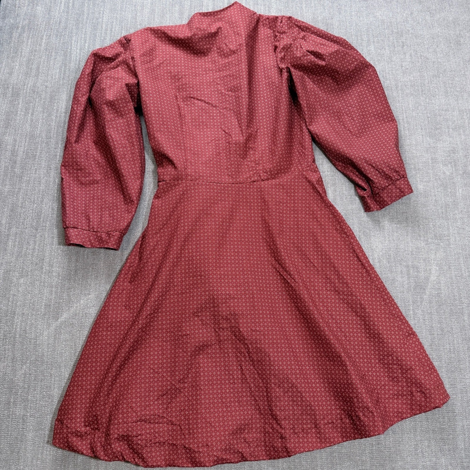 Vintage Burgundy Polka Dot Wrap Dress Long Sleeve Puff Shoulder Fit Flare Small