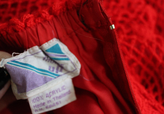 Vintage 1970s Thumbs Up Red Crochet Lace Acrylic Knit Skirt Top Blouse Dress Set