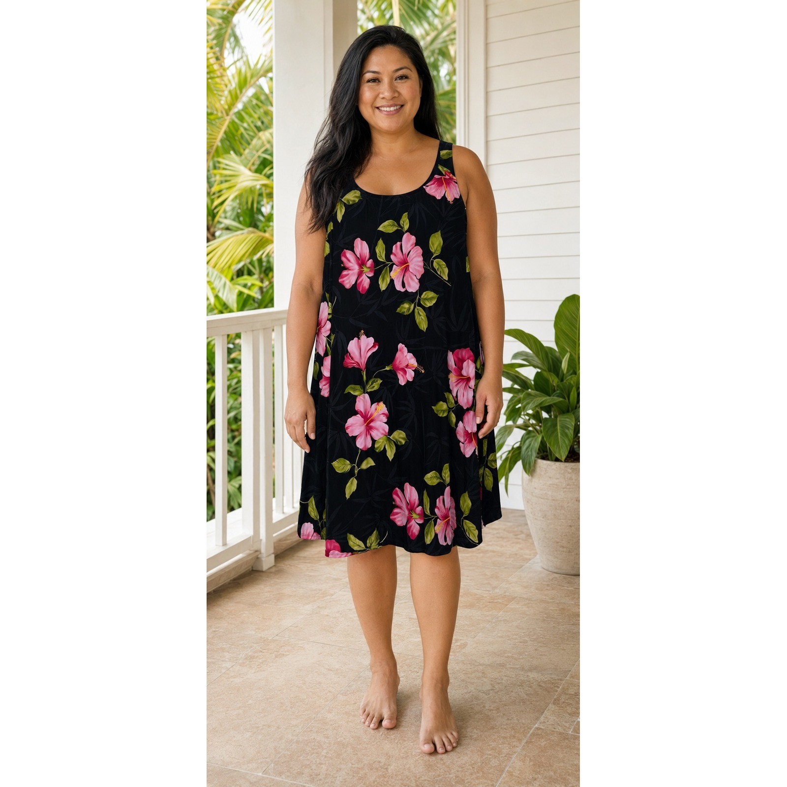Hilo Hattie Hibiscus Dress Vintage Boho Tropical Black Pink Rayon XL