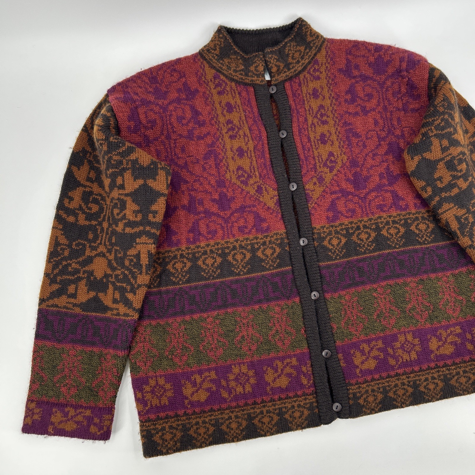 Vintage 80s Wool Cardigan Womens Size L Hong Kong Fair Isle Nordic Floral Jacket