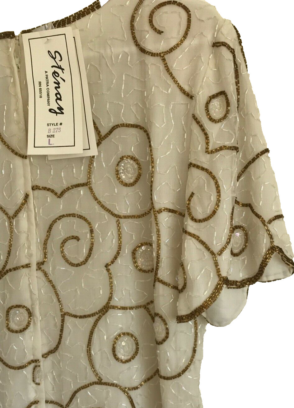 Vintage Silk Beaded Top, Ivory & Gold Stenay Deadstock Blouse, Shirt Formal L