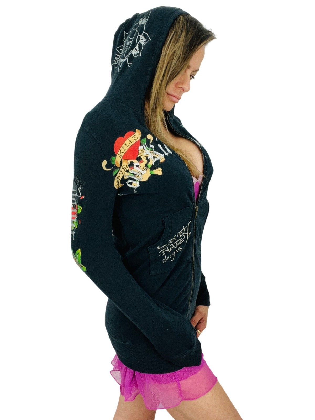 VTG Ed Hardy Christian Audigier Black Tattoo Graphic Zip Hoodie S | McBling Y2K