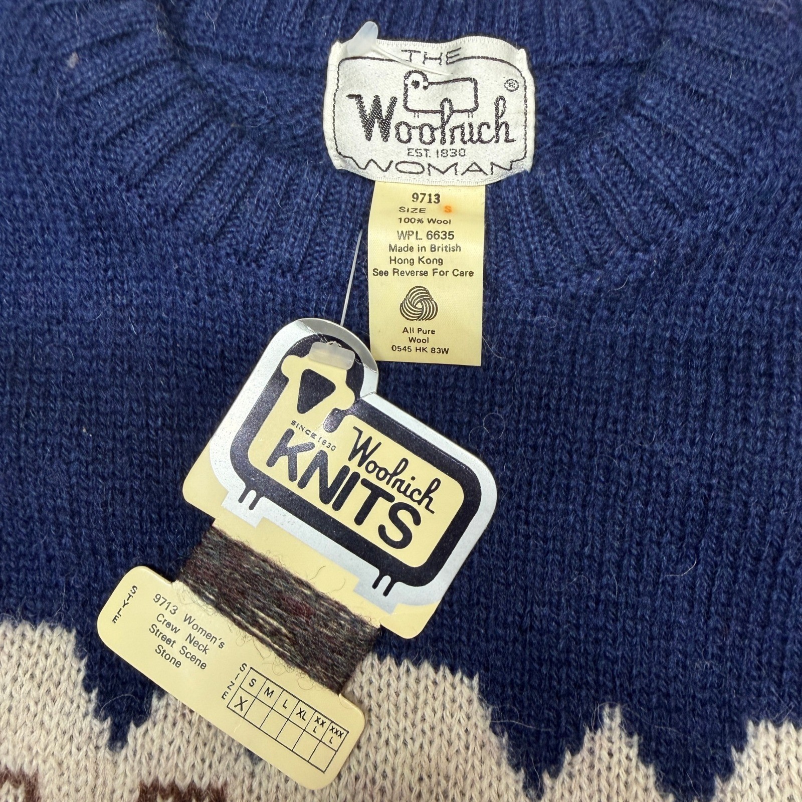 Woolrich Knits 9713 Womens S NWT Street Scene Wool Sweater Navy Gray Vintage