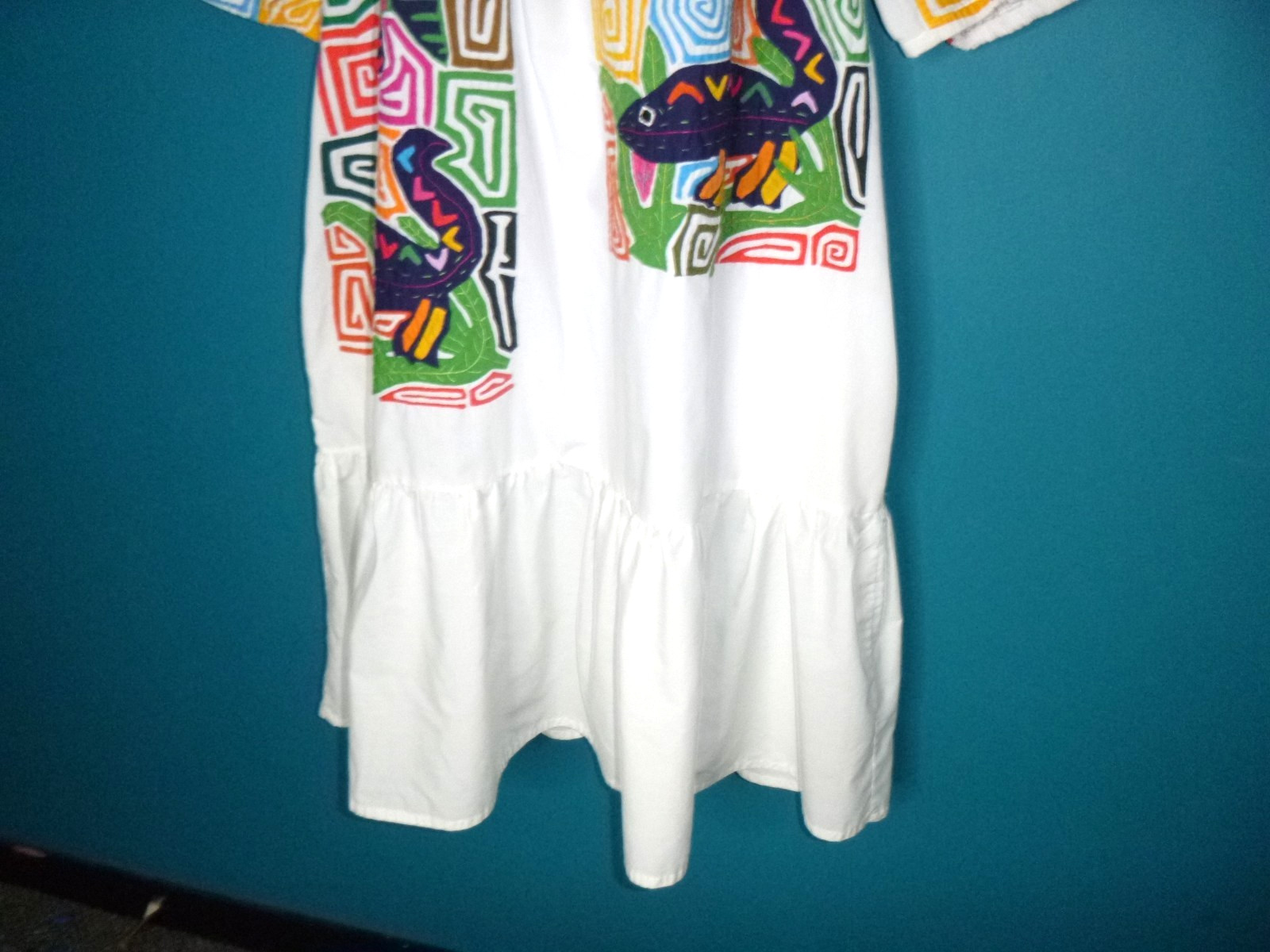 Vtg 70s Seds Crafts Mola Panama Reverse Applique Dress Fish Geckos One Size