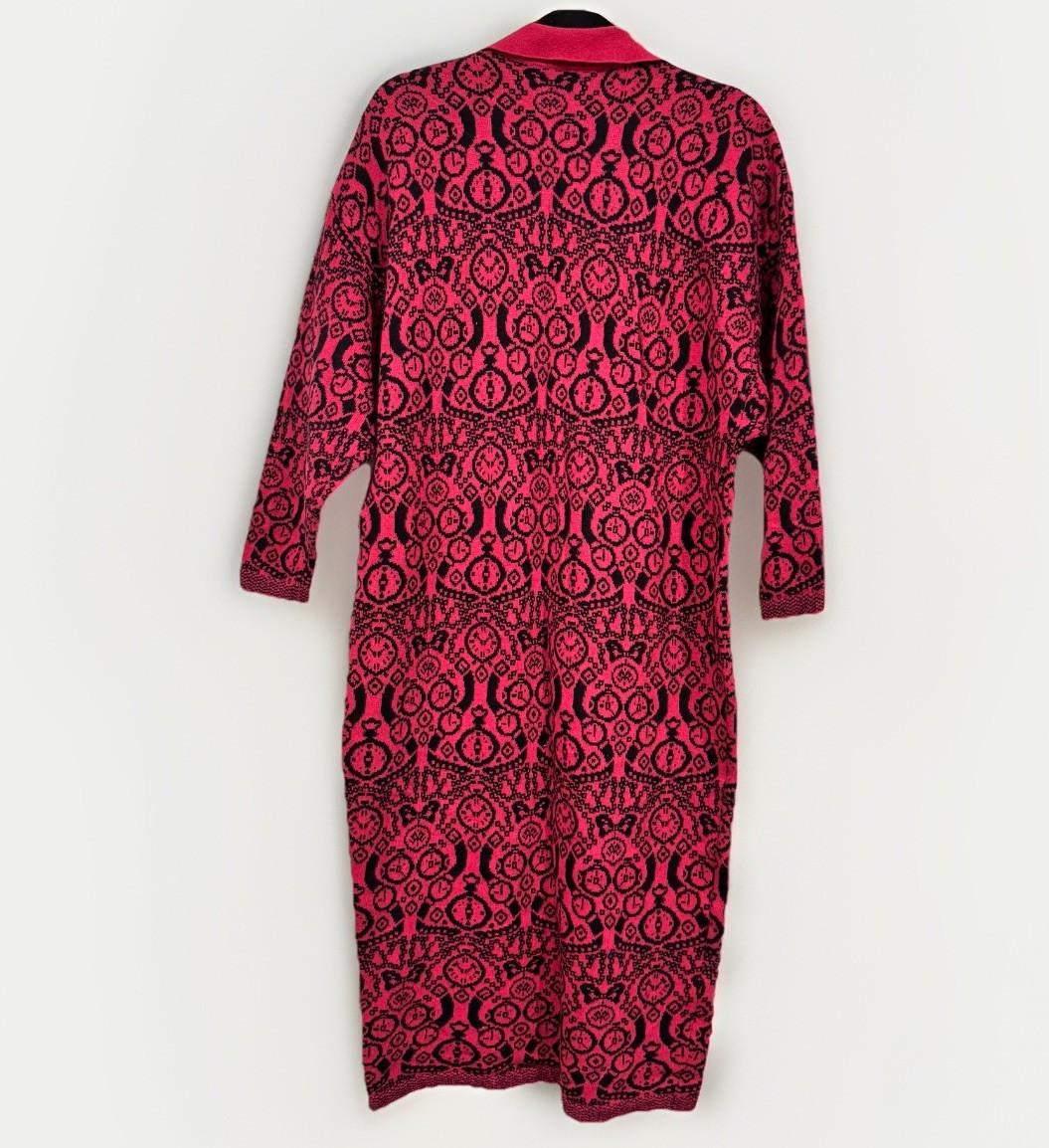 Benetton Italy Sweater Dress Size 44 Pink Black Knit Long Sleeve Abstract Vtg