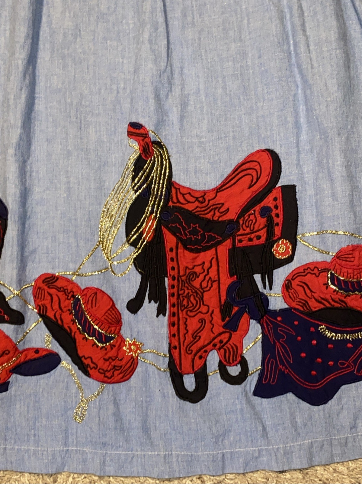 Women’s Vintage 90s Blue Western Cowgirl Embroidered Dress Size Lg Red Hat Boots