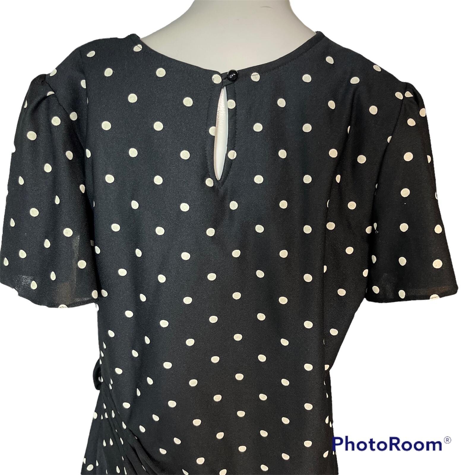 Vintage Black Dress Size 15 16 Black White Polka Dot Gathered Party Classic 80s