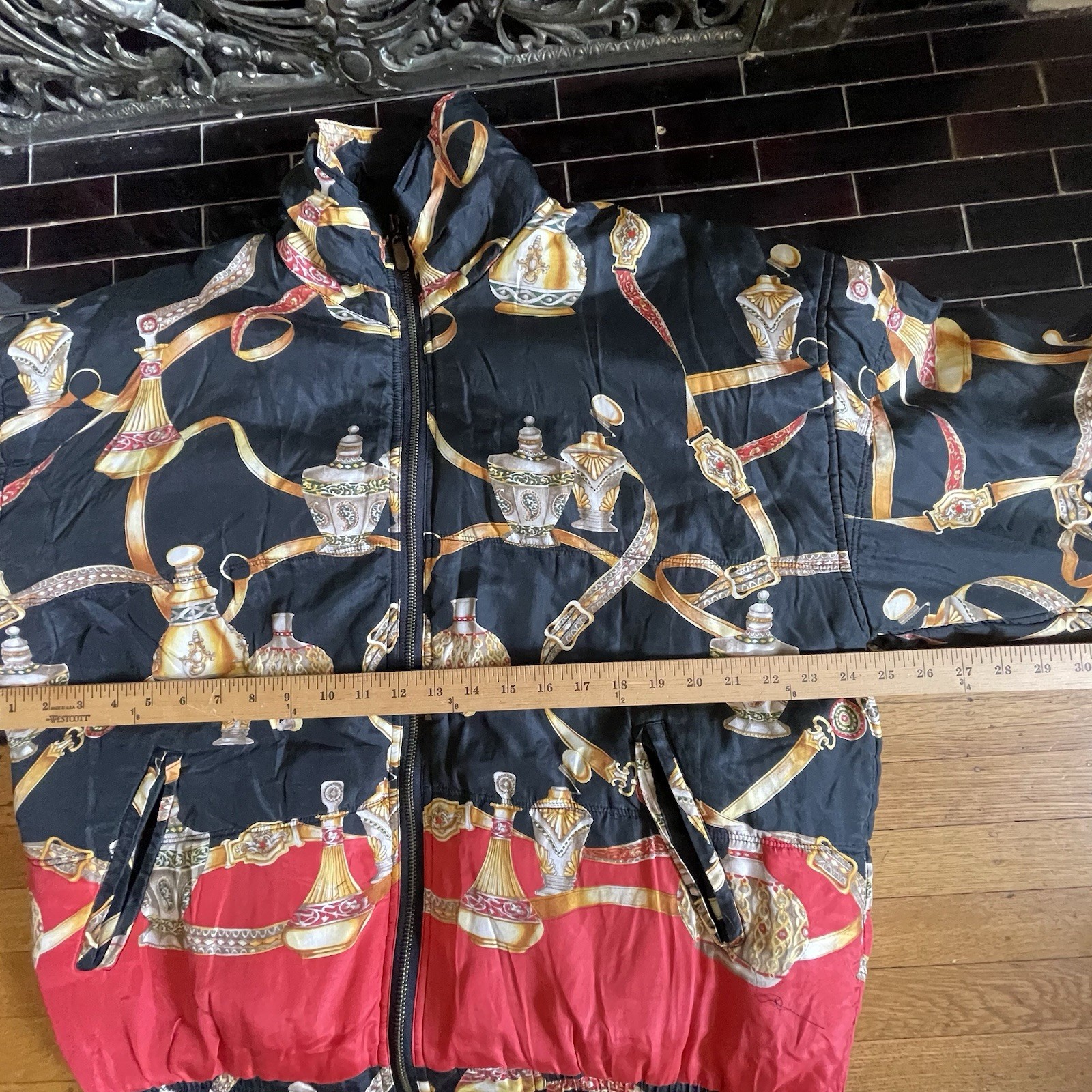 VTG 80s 90s FUDA International Silk Bomber Jacket Baroque Perfume Bottle Scarf L