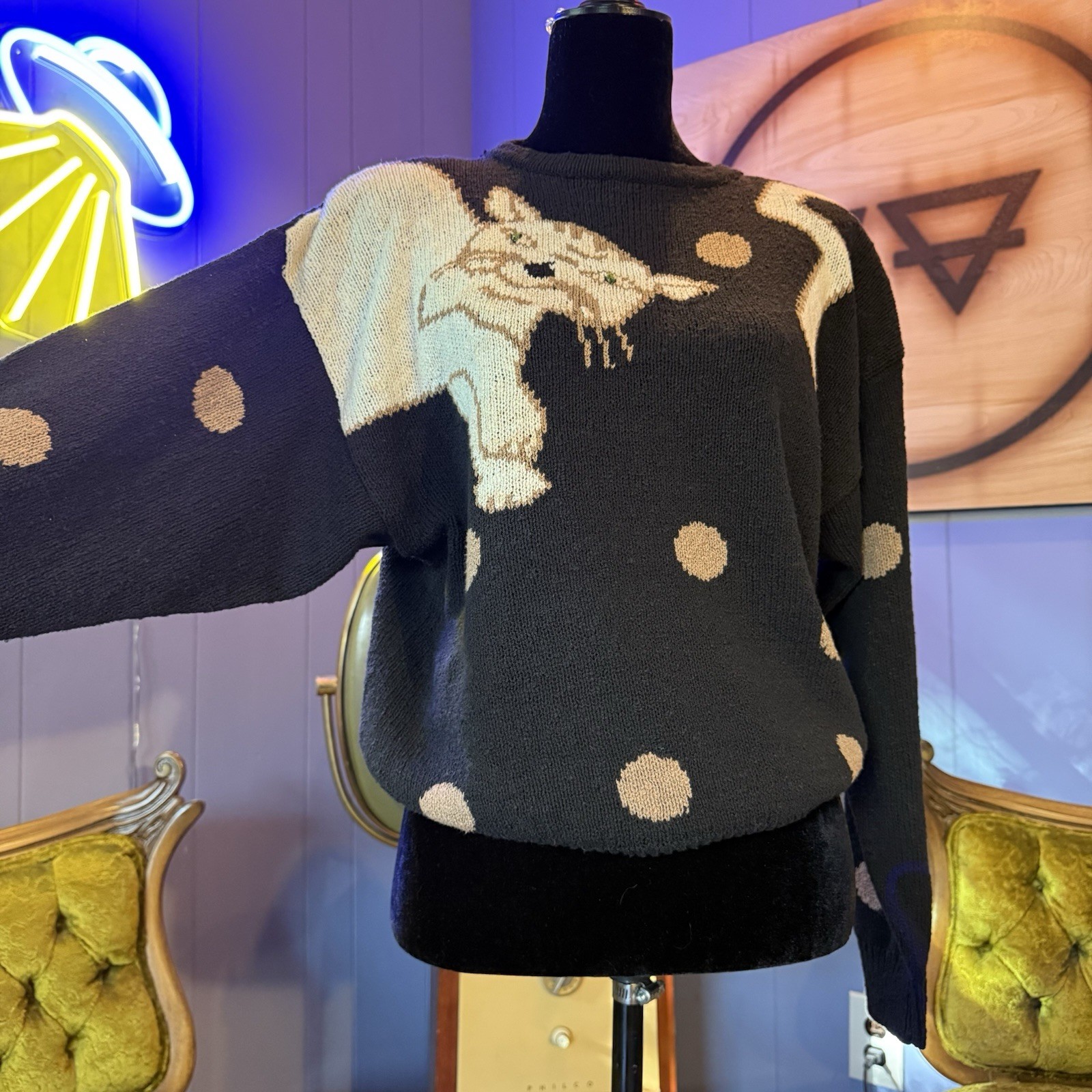 Vintage 80s/90s Adele Joyce Polka Dot Kitty Cat Sweater Size M