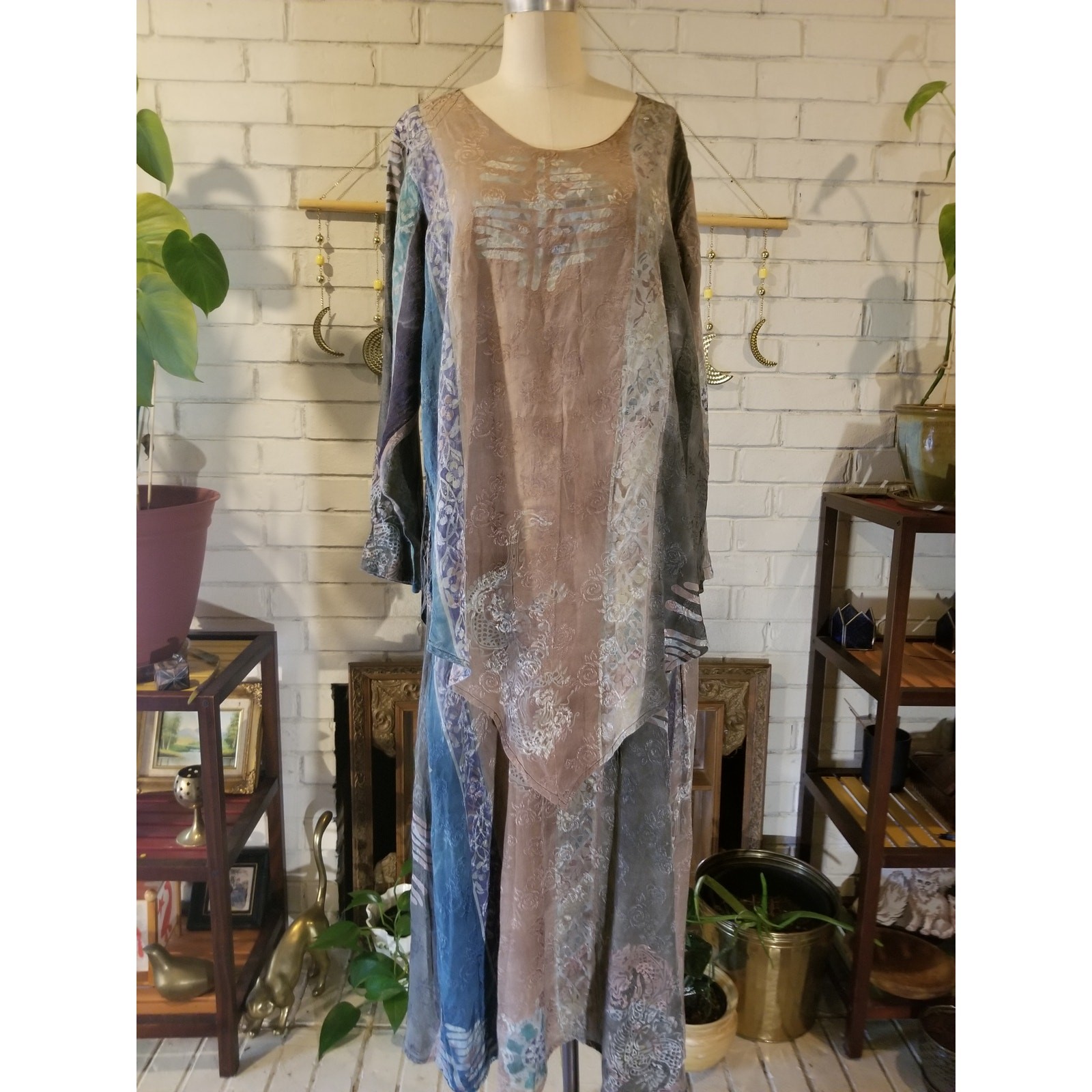 Vintage Mission Canyon Santa Barbara Batik Silk Jacquard Maxi Dress XL Boho