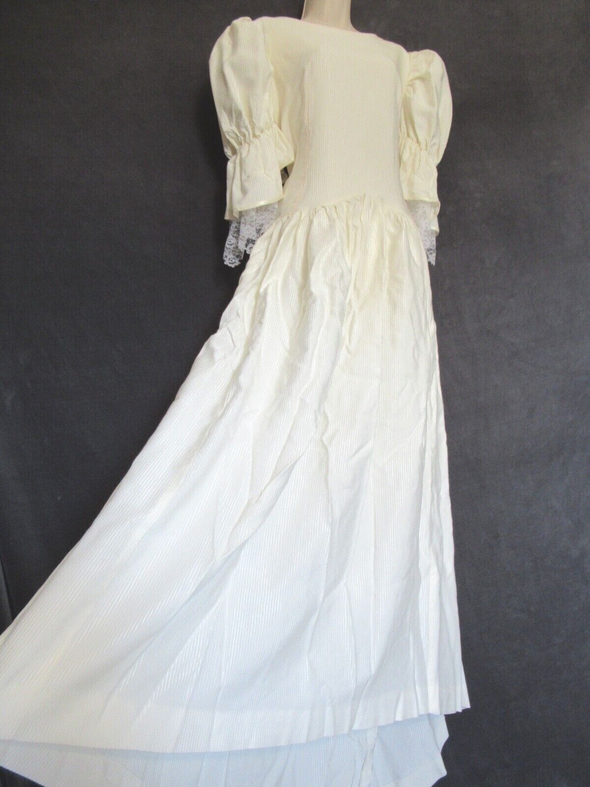 Vintage Ivory Stripe Lace Peasant Princess Bride Victorian Puff Sleeve Dress XL