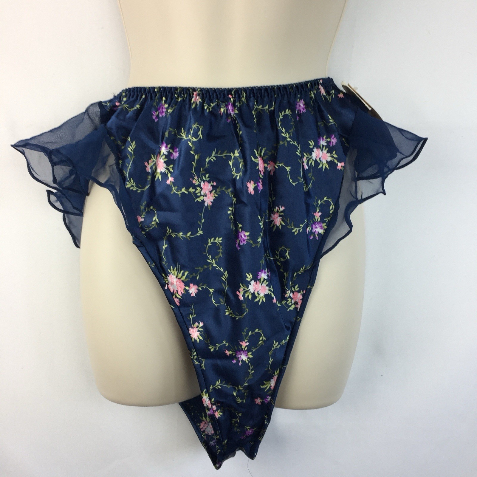 Vtg Barbizon Floral Satin Flutter Chiffon Panty L/7 Shiny Hi Cut Sissy Hi-Rise