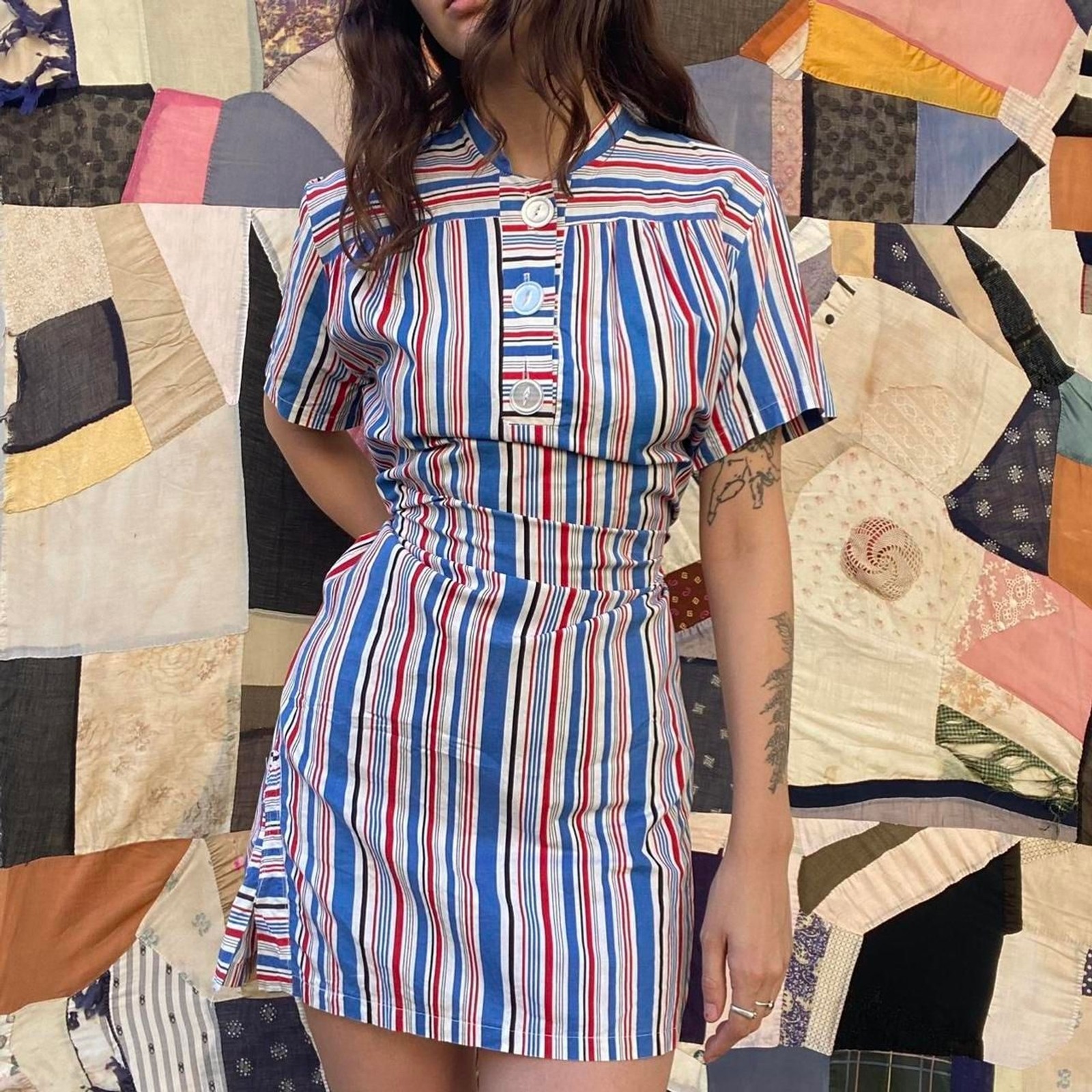 1930s cotton blue, white, red and black striped shift smock dress