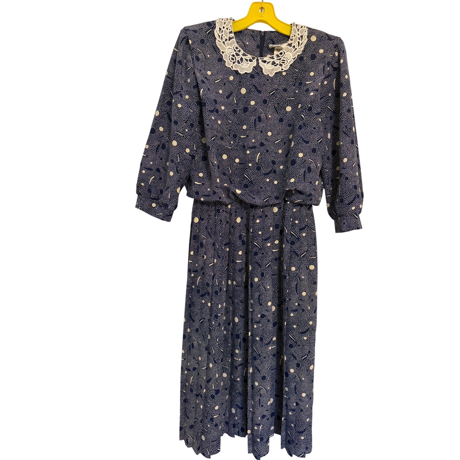 Vintage 80s VLP Petites Lace Collar Polka Dot Midi Dress Cottagecore Prairie